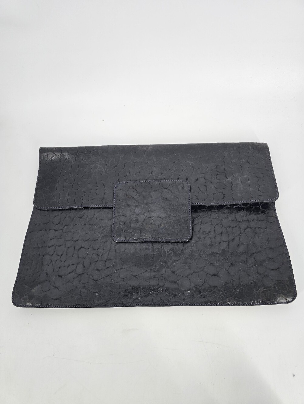 Furla Croc Embossed Genuine Leather Foldover Large Black Clutch